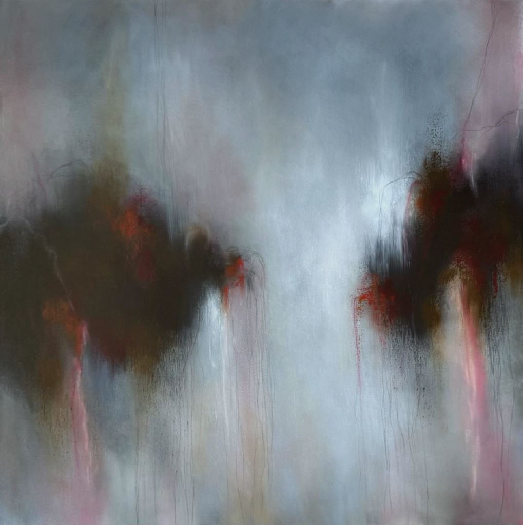 Abstract painting with smoky blue background, dark organic forms, and red drips creating a moody, expressive atmosphere.