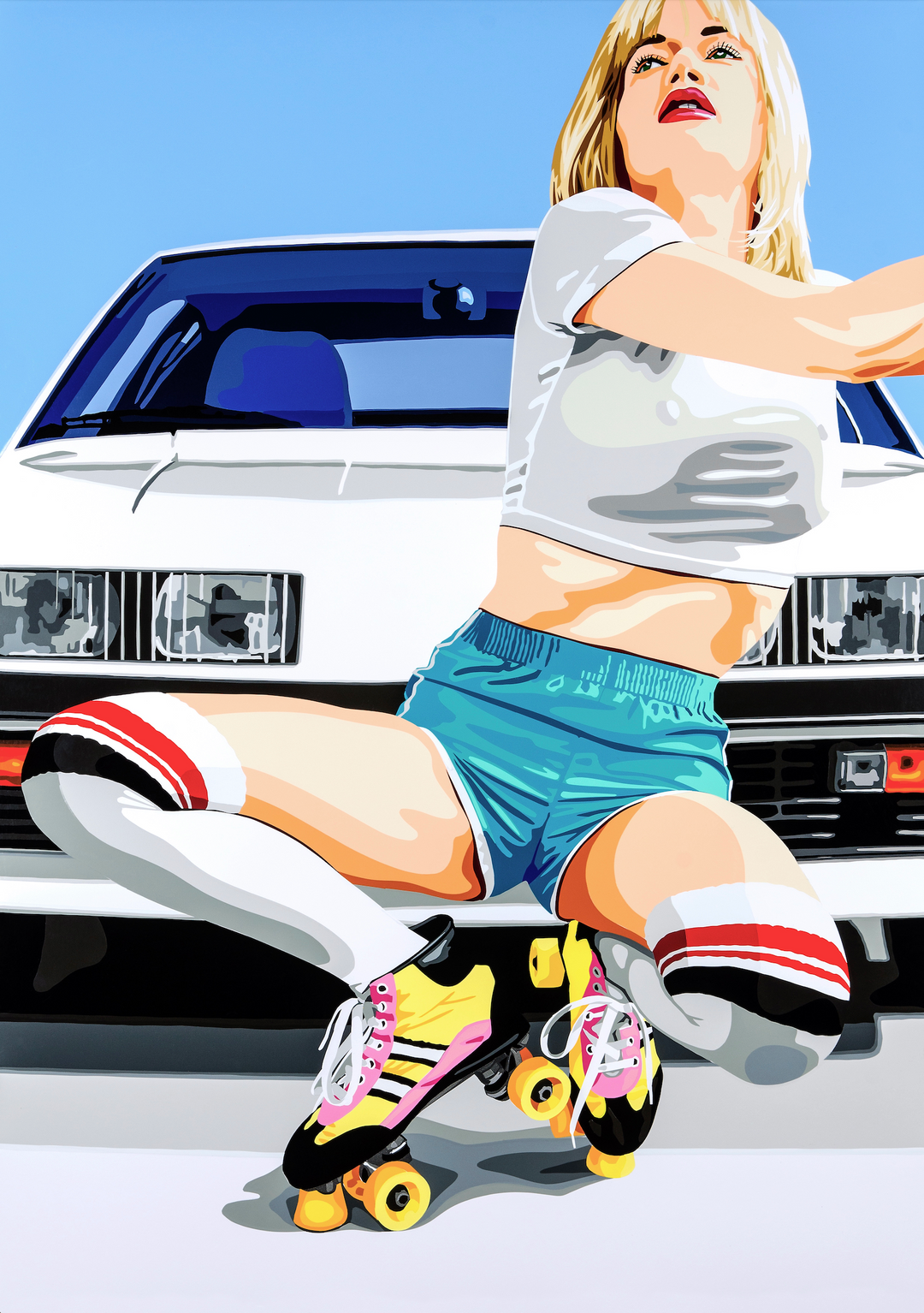 Stylised pop art of a blonde woman in retro roller skates and athletic wear posing in front of a white sports car.