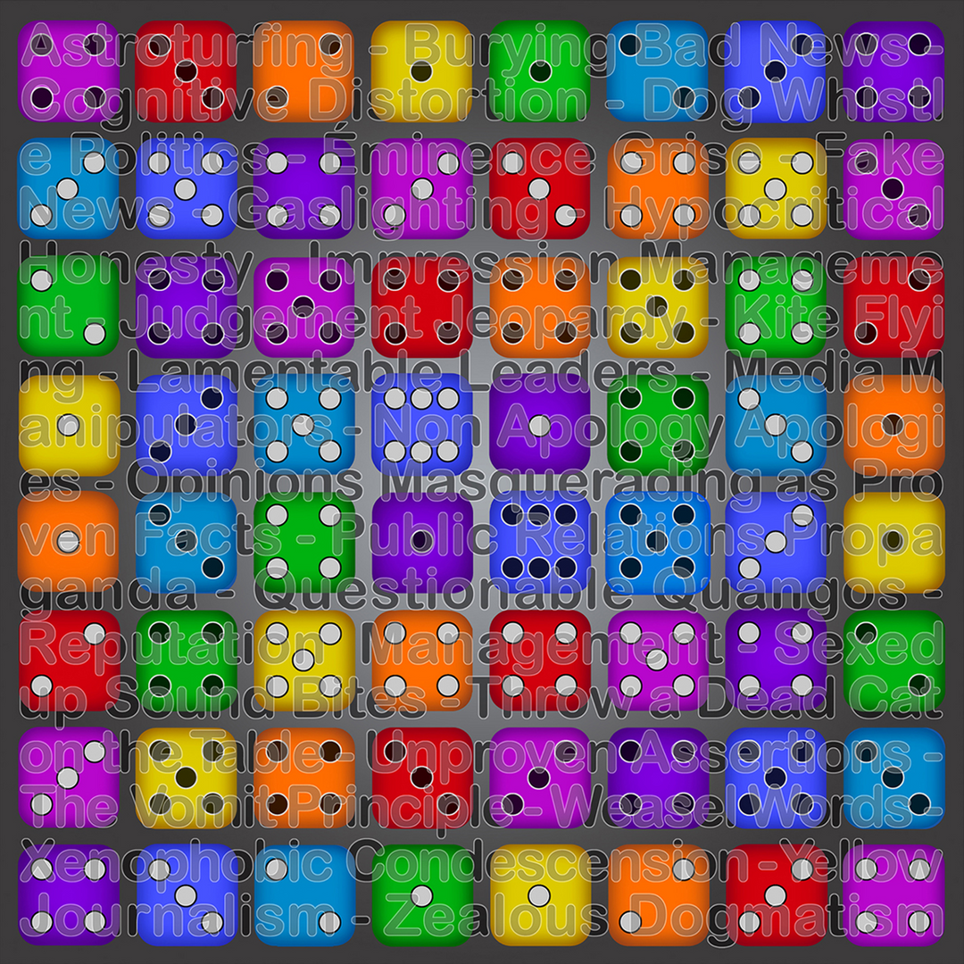A vibrant grid of multicoloured dice, each square displaying a die face in a different hue, including red, blue, green, yellow, orange, and purple. Overlaid in semi-transparent text are provocative terms and phrases related to media manipulation, propaganda, and political rhetoric, such as "Gaslighting," "Fake News," and "Weasel Words," creating a chaotic yet visually compelling critique of modern discourse.