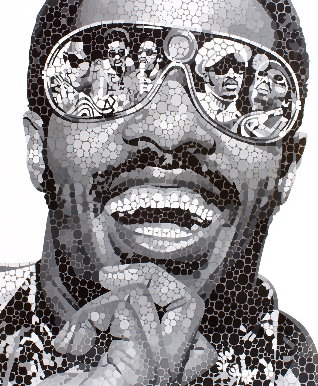 Monochrome mosaic-style portrait of a smiling man wearing reflective sunglasses with musical figures visible in the lenses.