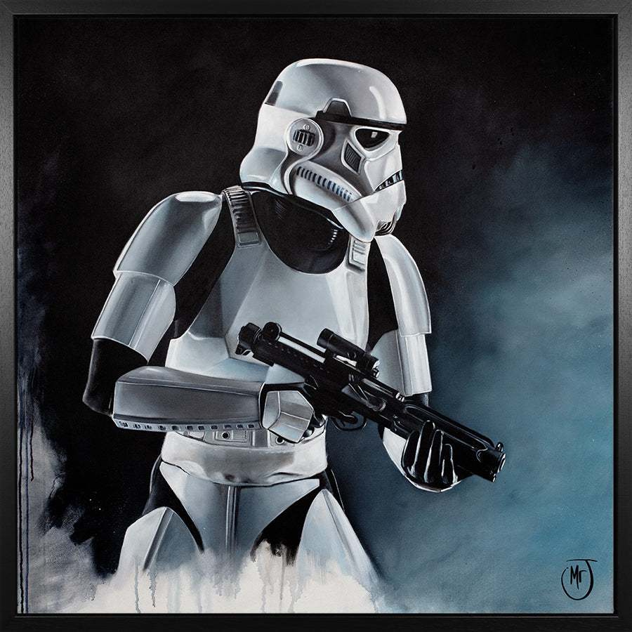 Realistic painting of a Stormtrooper holding a blaster against a dark, smoky background.