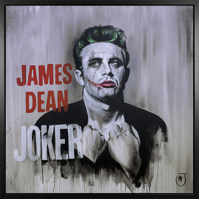 Stylised painting of James Dean depicted as the Joker, with green hair, smeared makeup, and bold text reading “James Dean in Joker.”