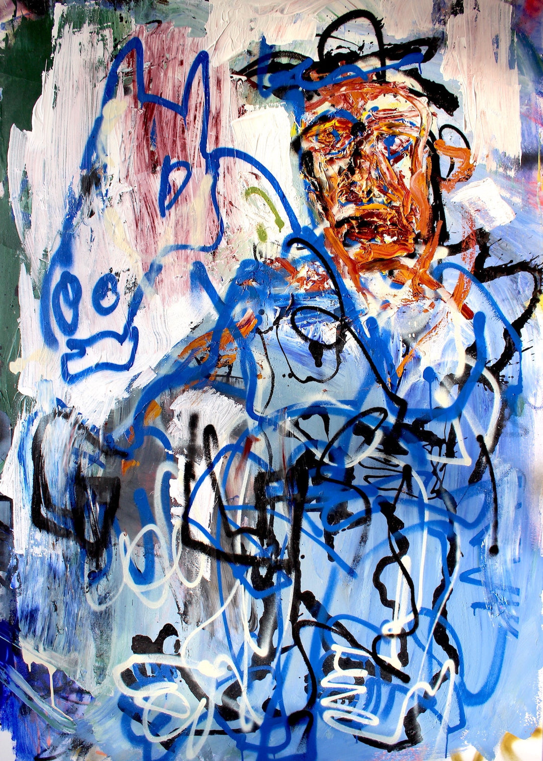 Large abstract expressionist painting combining figurative and graffiti-style elements, featuring a distorted human face rendered in burnt orange, cream, and black brushstrokes. A bold blue outline of a cartoon-like animal sits to the left, while chaotic layers of deep blue, white, and black spray paint form a web of scribbled lines across a textured background of pale blue, grey, and pink. The composition conveys movement, tension, and urban energy.