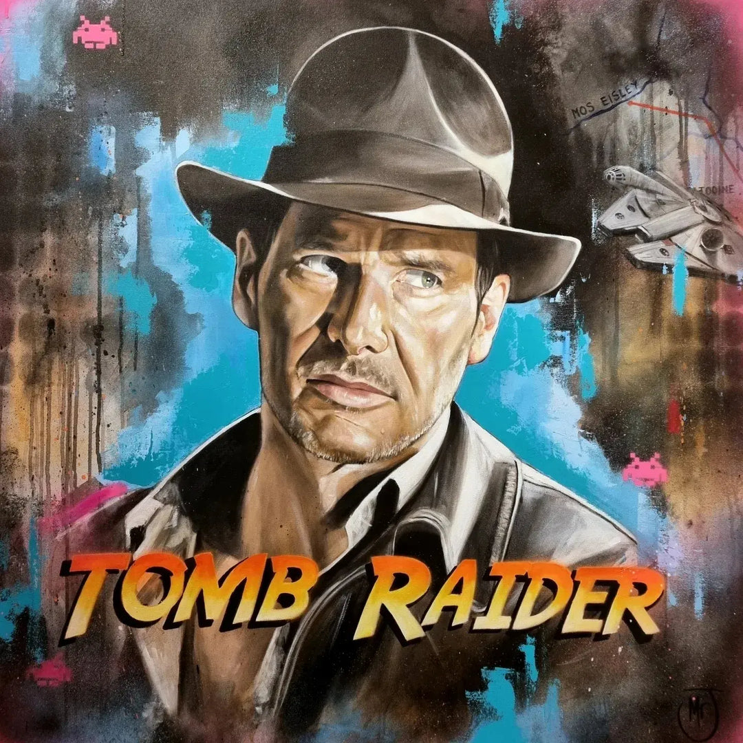 Pop art painting of Indiana Jones titled "Tomb Raider," featuring space-themed graffiti, retro video game icons, and the Millennium Falcon.