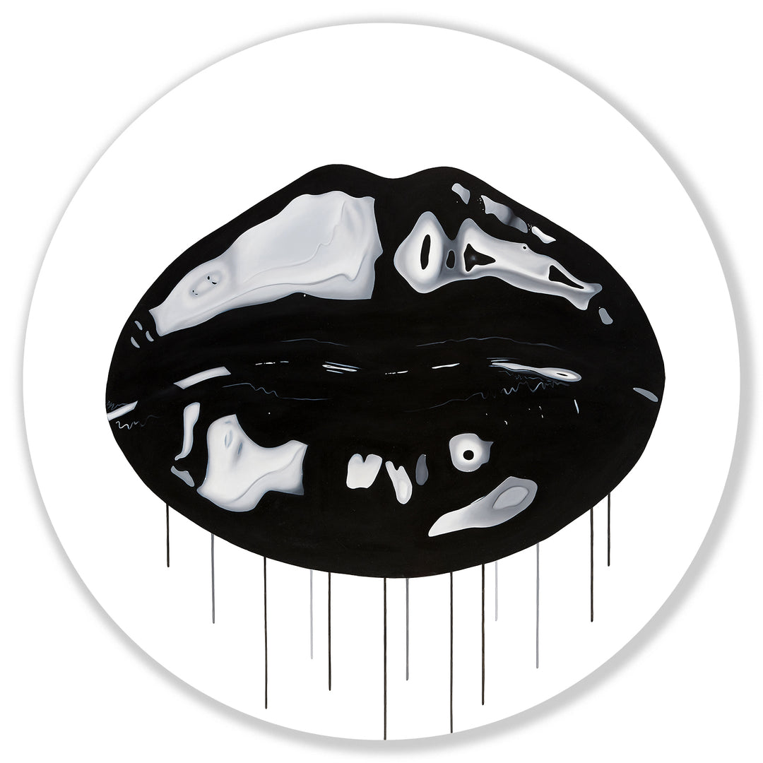 Glossy black lips with white highlights and paint drips on a circular white background.
