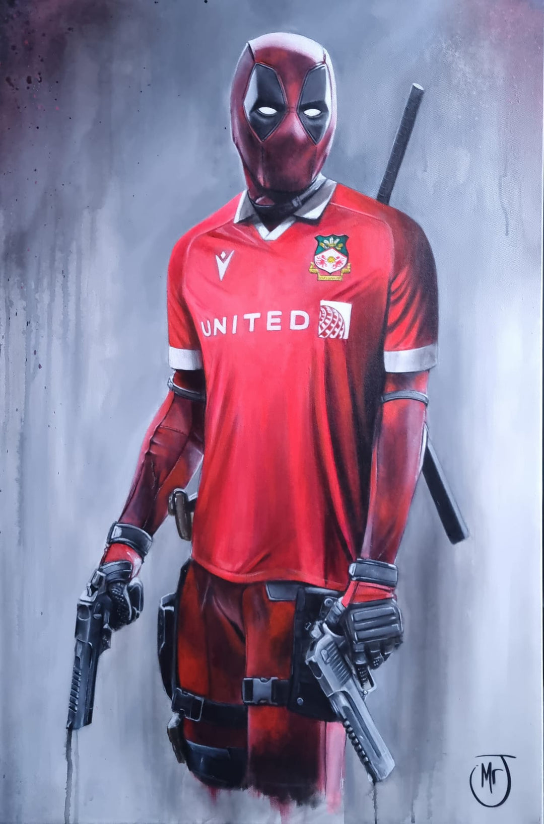 Deadpool painted wearing a Wrexham AFC football kit, holding two pistols, with his trademark swords on his back.