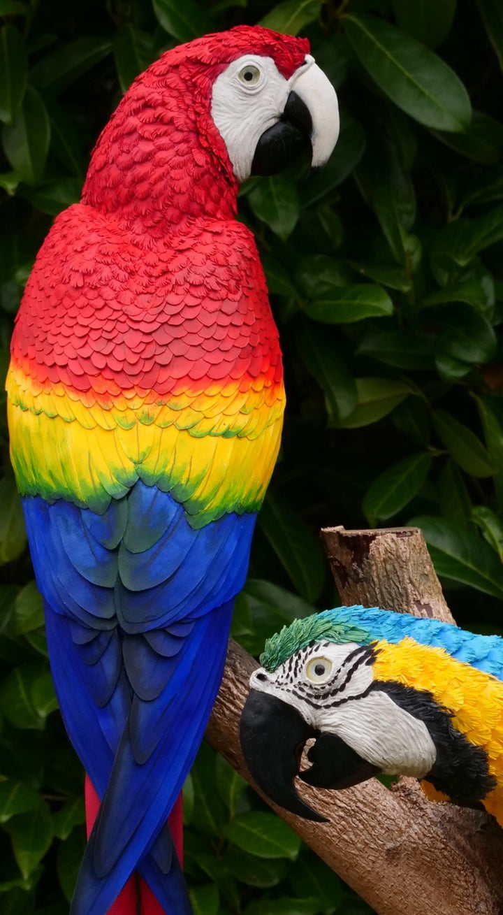 Two exquisitely lifelike macaw sculptures perched on a real wood branch — one in vivid scarlet red with blue and yellow accents, and the other in rich sky blue with golden yellow and green detailing — set against lush green foliage.
