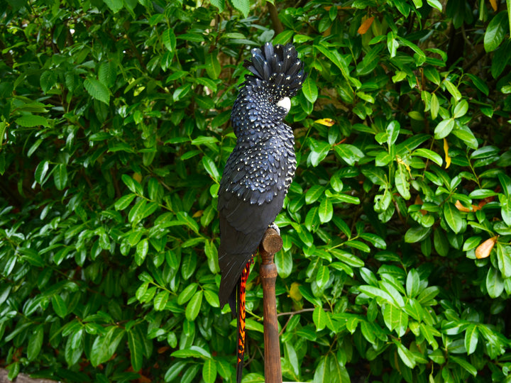 A highly detailed paper sculpture of a Red-tailed Black Cockatoo perched confidently on a wooden post, with jet black plumage dotted in pale yellow and ivory, a curved bone-coloured beak, and bold red-orange tail feathers, set against lush green foliage.