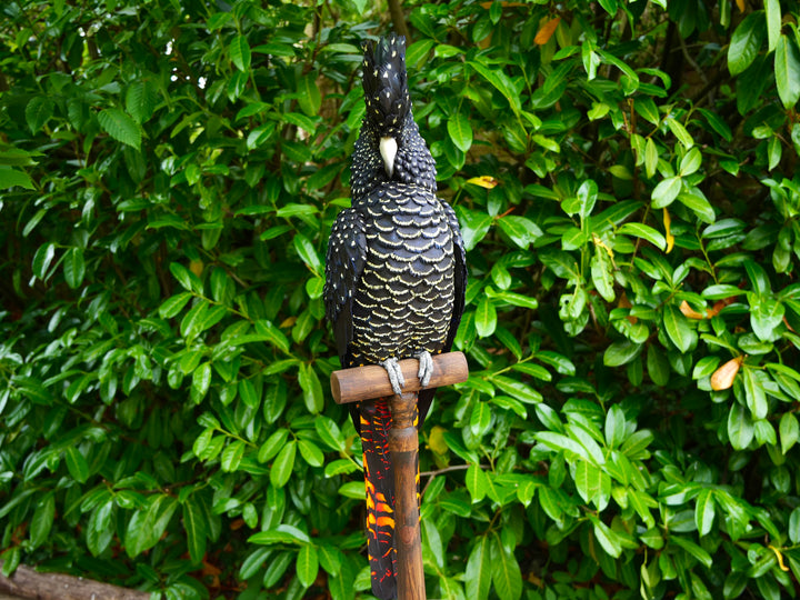 A highly detailed paper sculpture of a Red-tailed Black Cockatoo perched confidently on a wooden post, with jet black plumage dotted in pale yellow and ivory, a curved bone-coloured beak, and bold red-orange tail feathers, set against lush green foliage.