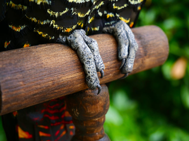 A highly detailed paper sculpture of a Red-tailed Black Cockatoo perched confidently on a wooden post, with jet black plumage dotted in pale yellow and ivory, a curved bone-coloured beak, and bold red-orange tail feathers, set against lush green foliage.