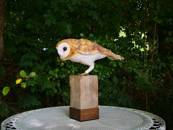 Hyperrealistic sculpture of a barn owl, perched on an oak block with its head gently tilted, featuring intricately layered ivory-white and golden-orange paper feathers with speckled grey detailing, set against a natural woodland backdrop.