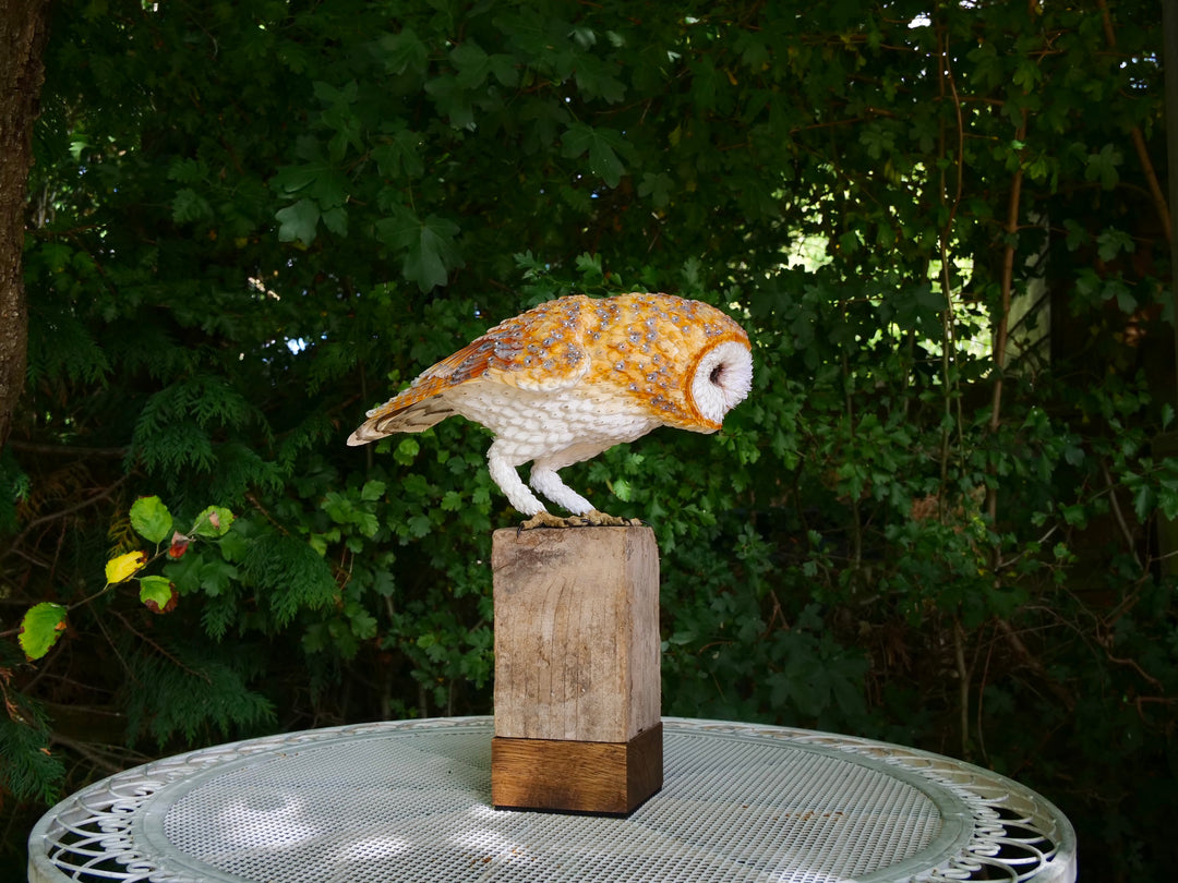 Hyperrealistic sculpture of a barn owl, perched on an oak block with its head gently tilted, featuring intricately layered ivory-white and golden-orange paper feathers with speckled grey detailing, set against a natural woodland backdrop.