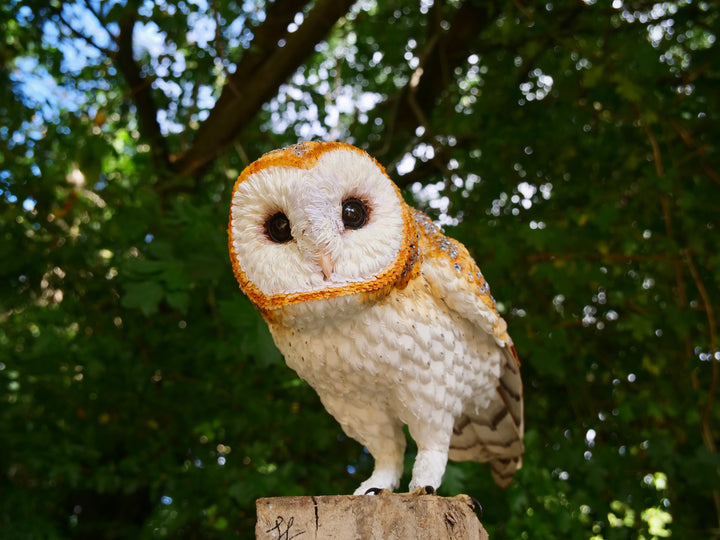 Hyperrealistic sculpture of a barn owl, perched on an oak block with its head gently tilted, featuring intricately layered ivory-white and golden-orange paper feathers with speckled grey detailing, set against a natural woodland backdrop.