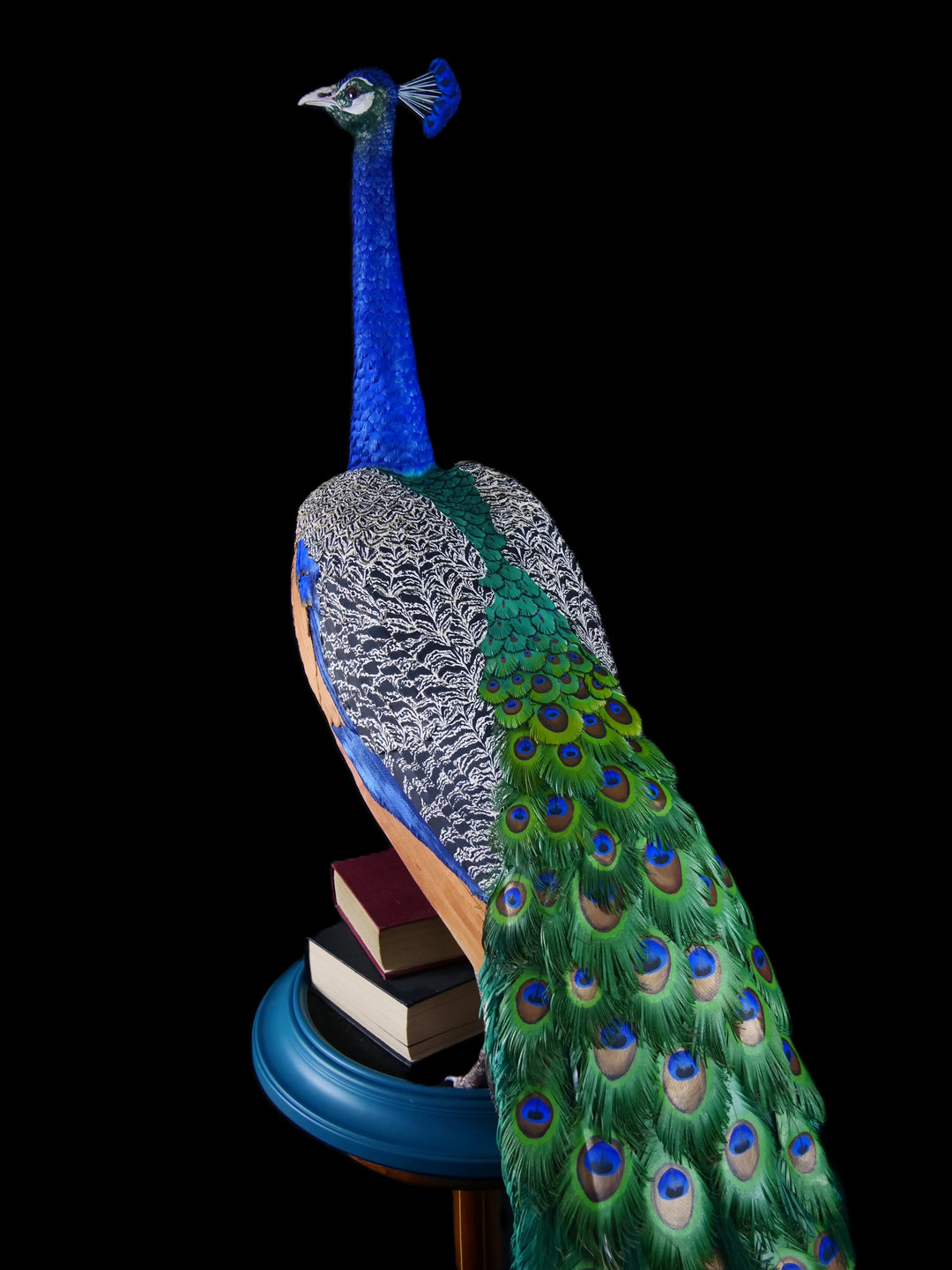 Arrogant Beauty by Jamie Lord – a life-size peacock sculpture meticulously crafted from hand-cut, hand-painted 260gsm pastel paper feathers. The peacock stands proudly atop stacked vintage books, its vivid green and blue plumage cascading nearly to the floor. Designed to symbolise pride, intelligence, and transformation, the sculpture features lifelike detail and rich texture, standing 1.75 metres tall and presented against a black backdrop.