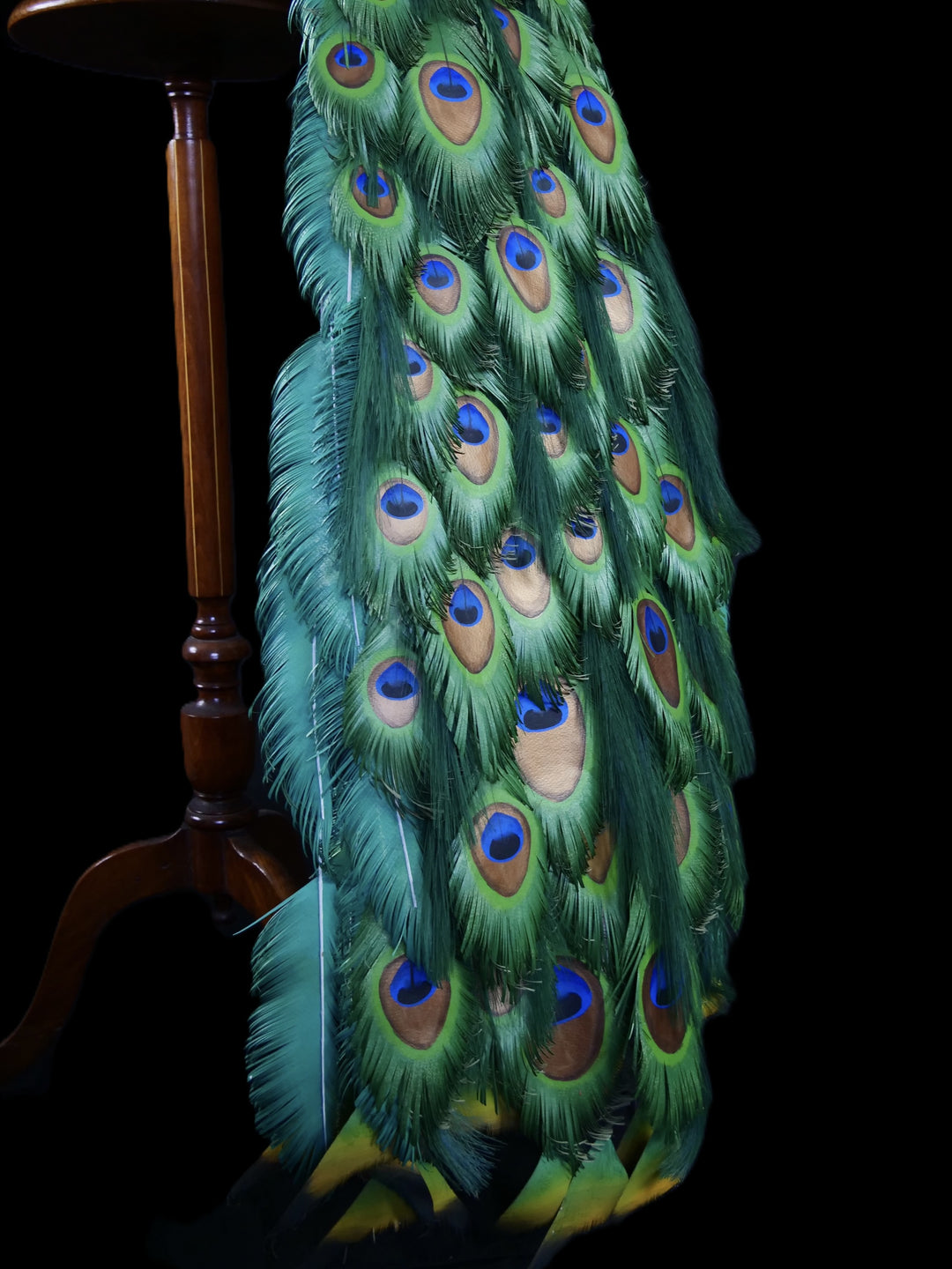Arrogant Beauty by Jamie Lord – a life-size peacock sculpture meticulously crafted from hand-cut, hand-painted 260gsm pastel paper feathers. The peacock stands proudly atop stacked vintage books, its vivid green and blue plumage cascading nearly to the floor. Designed to symbolise pride, intelligence, and transformation, the sculpture features lifelike detail and rich texture, standing 1.75 metres tall and presented against a black backdrop.