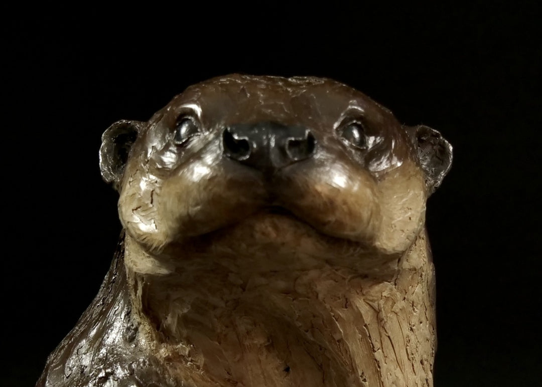 Cold cast stone sculpture of an otter head and neck titled Hindsight by Jamie Lord — finely detailed bust with sleek, sinuous form, warm brown fur tones, dark glassy eyes and alert, turned-back pose. Limited edition of 24 with signed Certificate of Authenticity.
