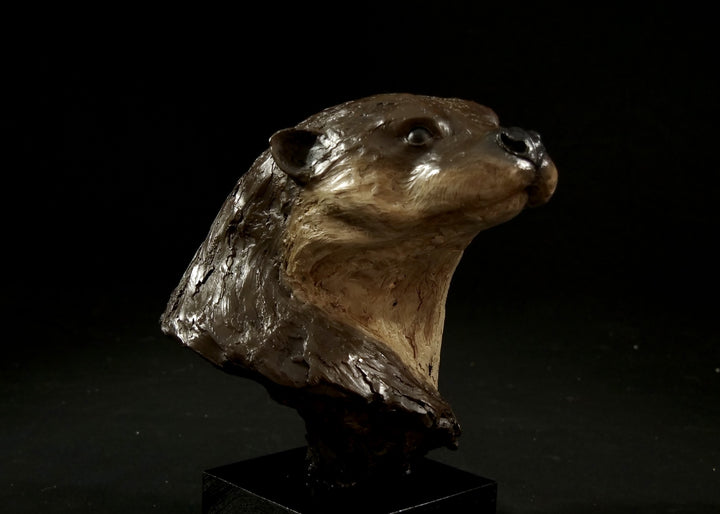 Cold cast stone sculpture of an otter head and neck titled Hindsight by Jamie Lord — finely detailed bust with sleek, sinuous form, warm brown fur tones, dark glassy eyes and alert, turned-back pose. Limited edition of 24 with signed Certificate of Authenticity.