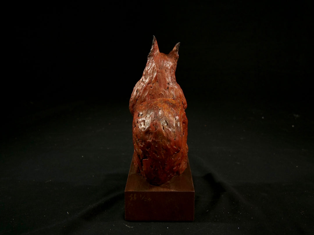 Cold cast iron sculpture of a red squirrel titled Chancekin by Jamie Lord — finely detailed woodland animal with russet red coat, cream chest, bushy tail and bright black eyes, poised in alert curiosity. Limited edition of 24 with signed Certificate of Authenticity.