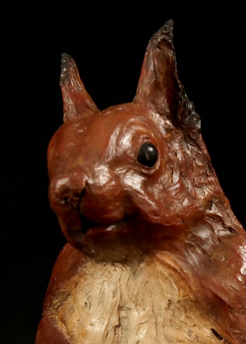 Cold cast iron sculpture of a red squirrel titled Chancekin by Jamie Lord — finely detailed woodland animal with russet red coat, cream chest, bushy tail and bright black eyes, poised in alert curiosity. Limited edition of 24 with signed Certificate of Authenticity.