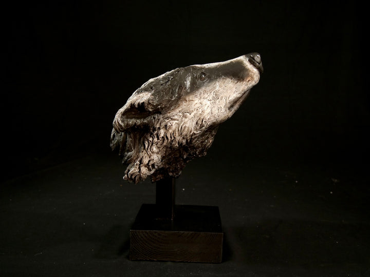 Cold cast slate sculpture of a badger titled Remnant by Jamie Lord — expressive woodland animal bust with textured black-and-grey fur, soft white facial markings, and an upward, reflective gaze. Limited edition of 12 with signed Certificate of Authenticity.