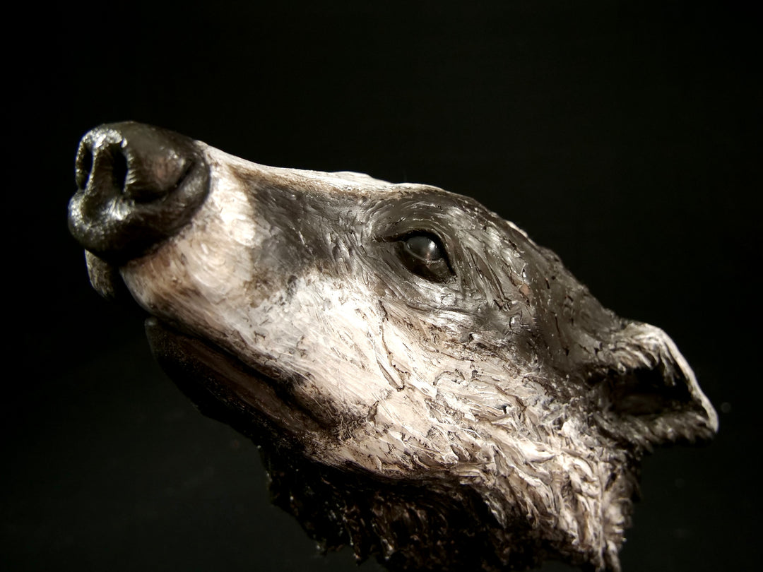 Cold cast slate sculpture of a badger titled Remnant by Jamie Lord — expressive woodland animal bust with textured black-and-grey fur, soft white facial markings, and an upward, reflective gaze. Limited edition of 12 with signed Certificate of Authenticity.