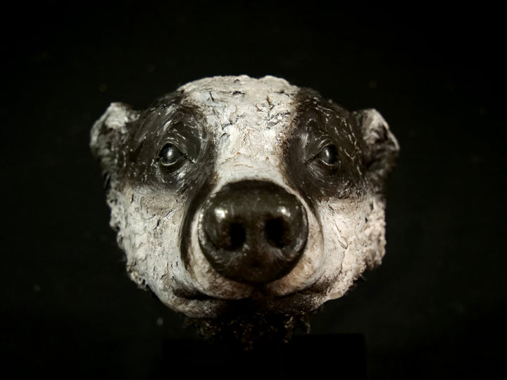 Cold cast slate sculpture of a badger titled Remnant by Jamie Lord — expressive woodland animal bust with textured black-and-grey fur, soft white facial markings, and an upward, reflective gaze. Limited edition of 12 with signed Certificate of Authenticity.