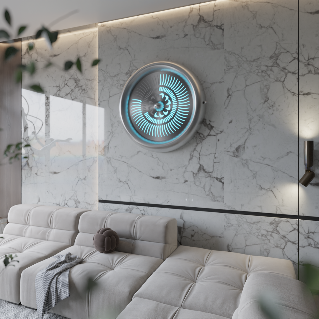 “Tempus Turbine Wall” by Ben Rousseau – a limited-edition illuminated sculpture crafted from polished aluminium and silver mirrored glass with LEDs. Inspired by aviation turbines, it transforms mechanical motion into calm, rhythmic light.

