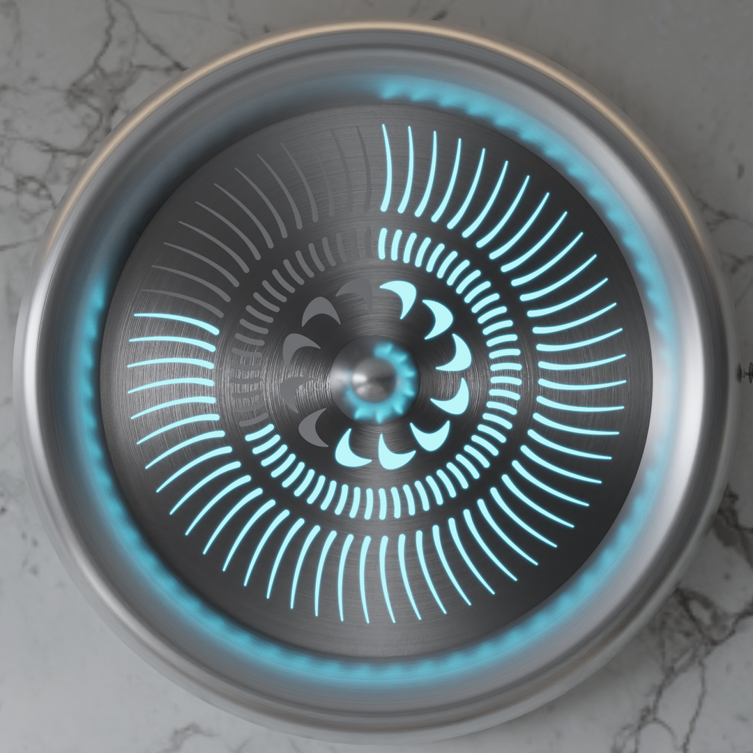 “Tempus Turbine Wall” by Ben Rousseau – a limited-edition illuminated sculpture crafted from polished aluminium and silver mirrored glass with LEDs. Inspired by aviation turbines, it transforms mechanical motion into calm, rhythmic light.

