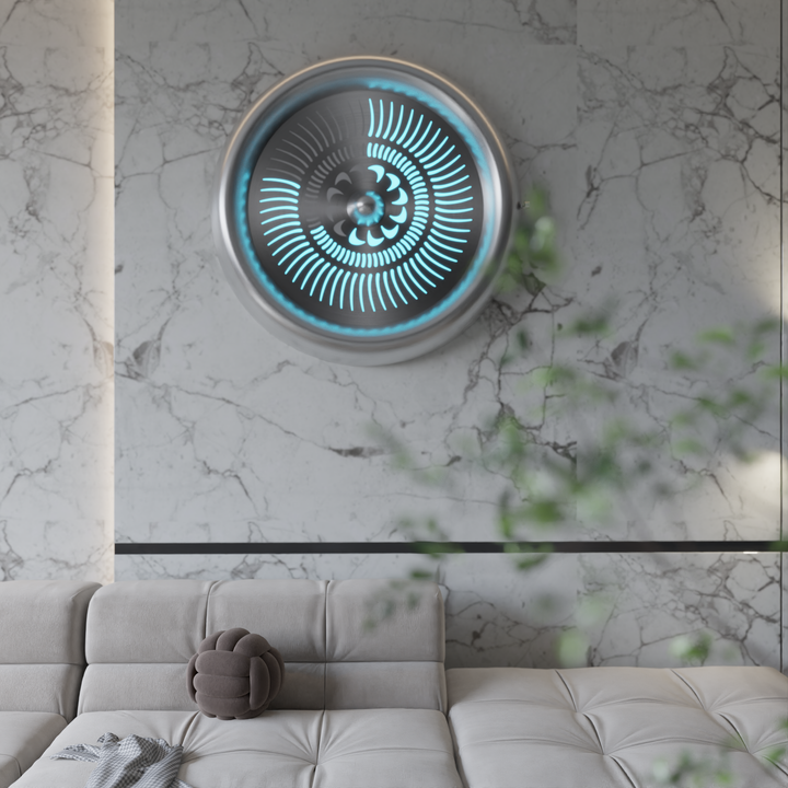“Tempus Turbine Wall” by Ben Rousseau – a limited-edition illuminated sculpture crafted from polished aluminium and silver mirrored glass with LEDs. Inspired by aviation turbines, it transforms mechanical motion into calm, rhythmic light.

