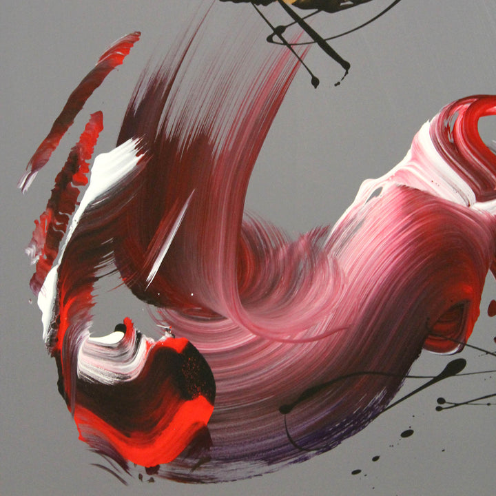 An expressive abstract acrylic painting on square canvas featuring bold, gestural brushstrokes in red, magenta, gold, burnt sienna, and black. The background is a smooth grey taupe, offering a neutral contrast to the vivid, swirling forms. The composition conveys dynamic movement and emotion, with layered, ribbon-like textures and flicks of paint that give a sense of energy and rhythm.