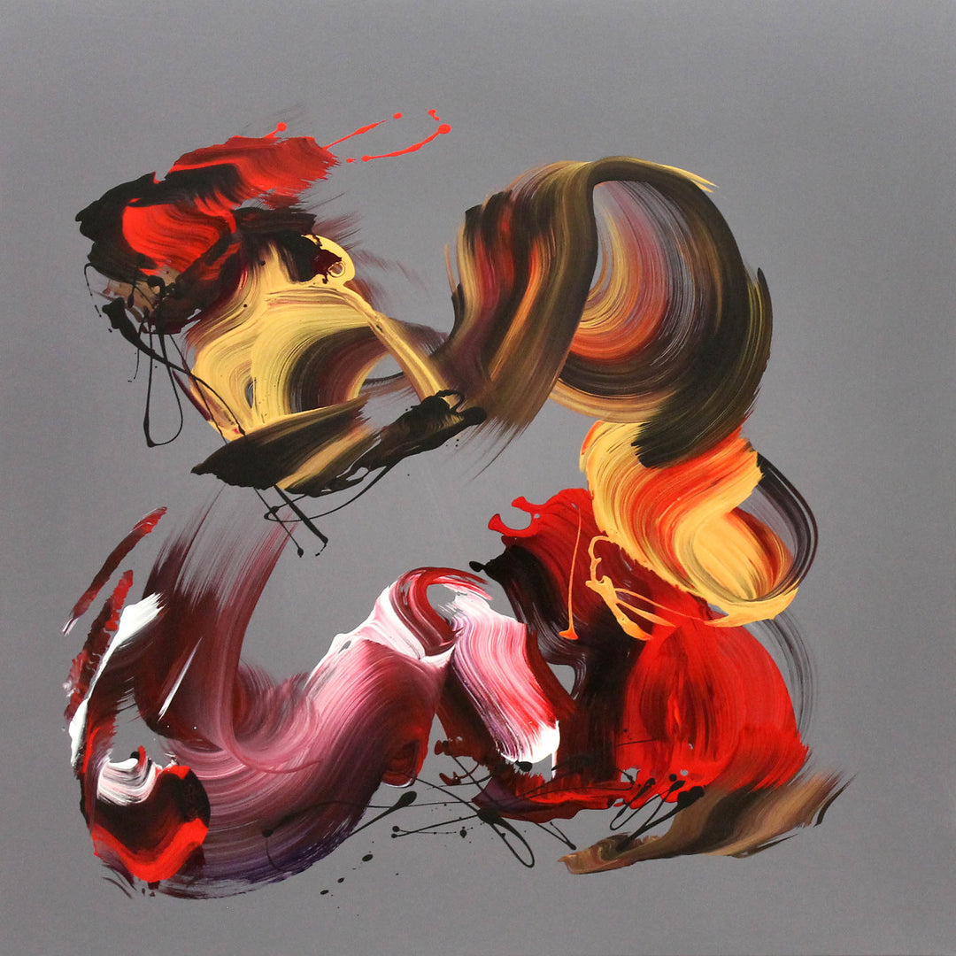 An expressive abstract acrylic painting on square canvas featuring bold, gestural brushstrokes in red, magenta, gold, burnt sienna, and black. The background is a smooth grey taupe, offering a neutral contrast to the vivid, swirling forms. The composition conveys dynamic movement and emotion, with layered, ribbon-like textures and flicks of paint that give a sense of energy and rhythm.