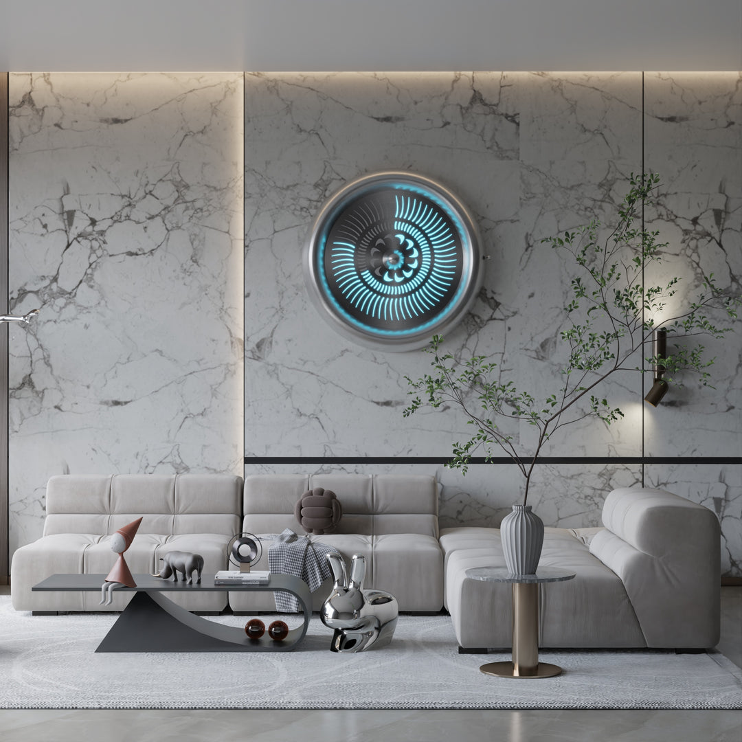 “Tempus Turbine Wall” by Ben Rousseau – a limited-edition illuminated sculpture crafted from polished aluminium and silver mirrored glass with LEDs. Inspired by aviation turbines, it transforms mechanical motion into calm, rhythmic light.

