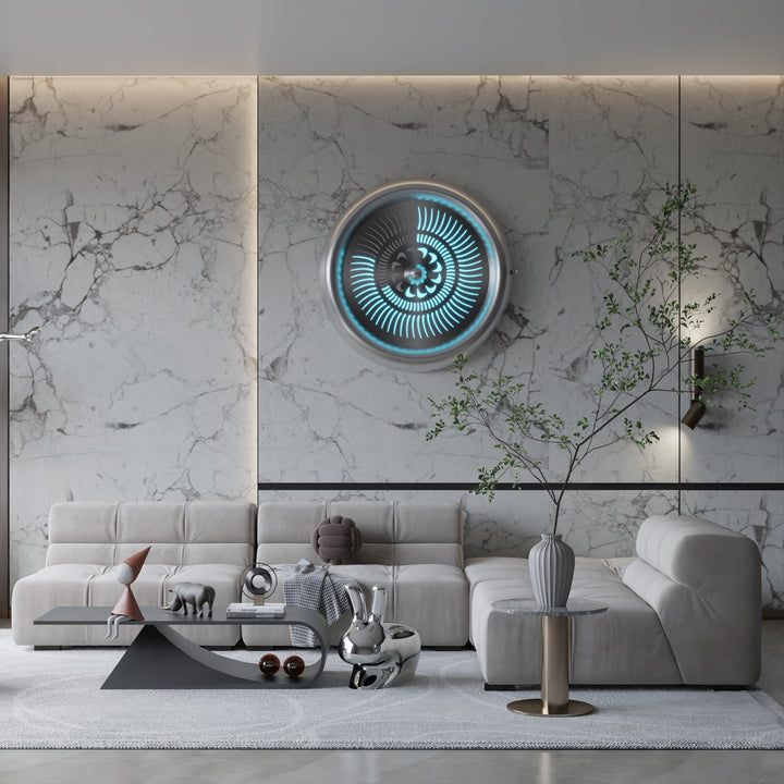 “Tempus Turbine Wall” by Ben Rousseau – a limited-edition illuminated sculpture crafted from polished aluminium and silver mirrored glass with LEDs. Inspired by aviation turbines, it transforms mechanical motion into calm, rhythmic light.

