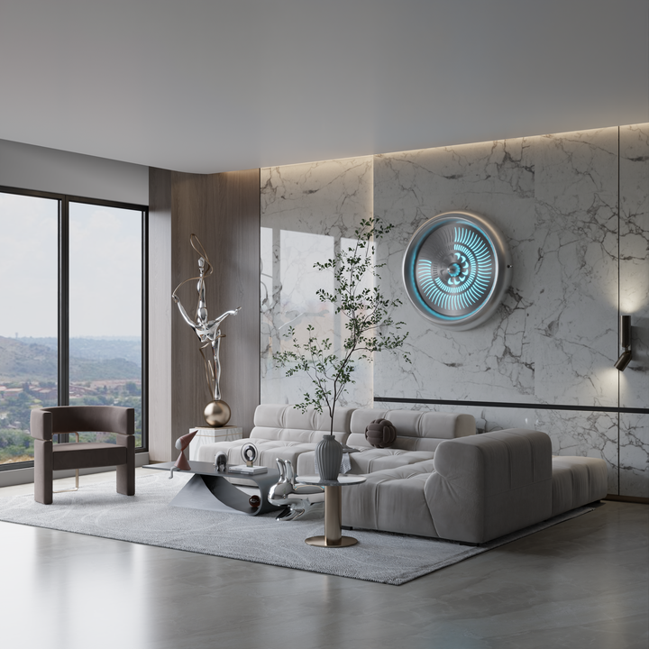 “Tempus Turbine Wall” by Ben Rousseau – a limited-edition illuminated sculpture crafted from polished aluminium and silver mirrored glass with LEDs. Inspired by aviation turbines, it transforms mechanical motion into calm, rhythmic light.

