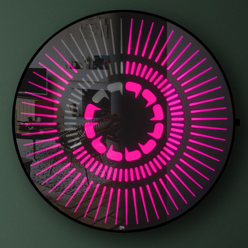 “Tempus Obsidian” by Ben Rousseau – a limited-edition illuminated wall timepiece crafted from grey mirrored glass and brass-tinted aluminium with LEDs. Inspired by obsidian, it radiates calm through subtle light and refined design.

