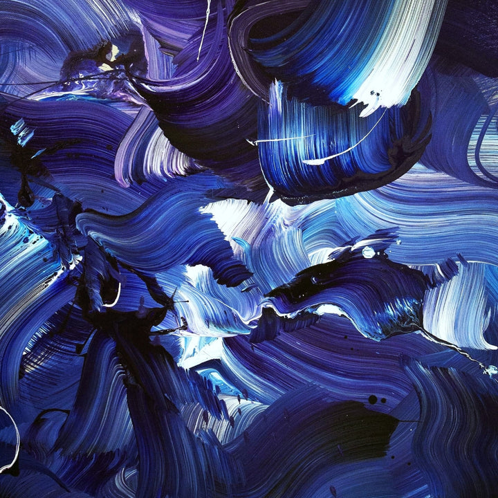 Expressive abstract painting featuring sweeping brushstrokes in deep indigo, cobalt blue, violet, and accents of white. The layered composition creates a sense of fluid motion, depth, and energy on a midnight-toned canvas.