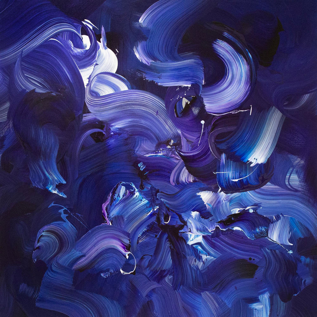 Expressive abstract painting featuring sweeping brushstrokes in deep indigo, cobalt blue, violet, and accents of white. The layered composition creates a sense of fluid motion, depth, and energy on a midnight-toned canvas.