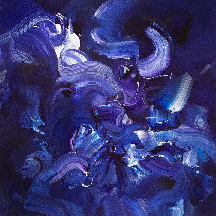 Expressive abstract painting featuring sweeping brushstrokes in deep indigo, cobalt blue, violet, and accents of white. The layered composition creates a sense of fluid motion, depth, and energy on a midnight-toned canvas.