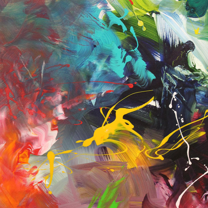 Vibrant abstract painting with a kaleidoscope of swirling colours including lime green, crimson, deep teal, orange, and violet. Energetic brushstrokes and layered textures create a sense of organic motion and dynamic flow across the canvas.