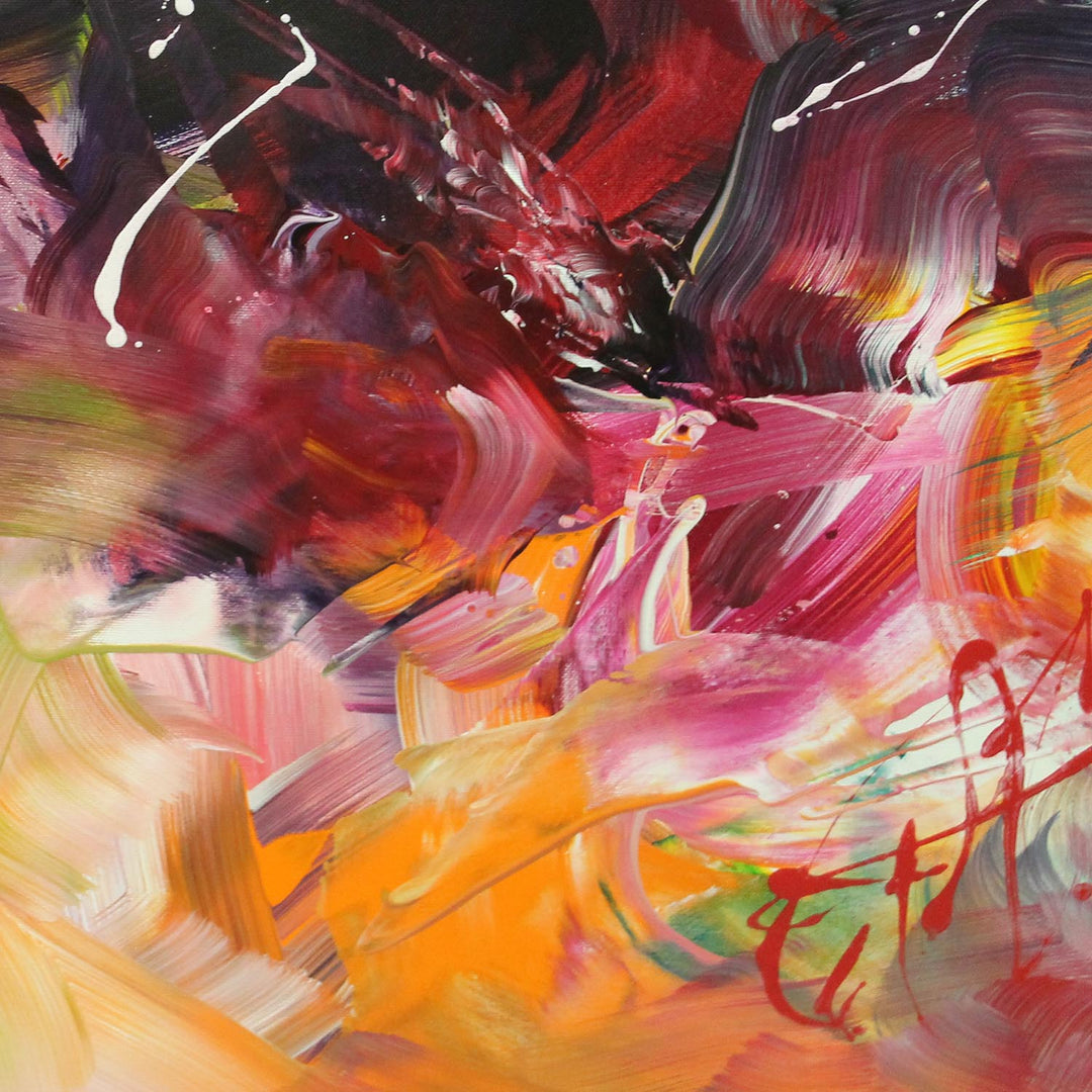 Vibrant abstract painting with a kaleidoscope of swirling colours including lime green, crimson, deep teal, orange, and violet. Energetic brushstrokes and layered textures create a sense of organic motion and dynamic flow across the canvas.