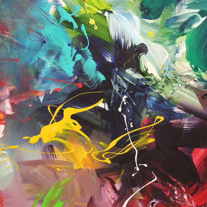 Vibrant abstract painting with a kaleidoscope of swirling colours including lime green, crimson, deep teal, orange, and violet. Energetic brushstrokes and layered textures create a sense of organic motion and dynamic flow across the canvas.