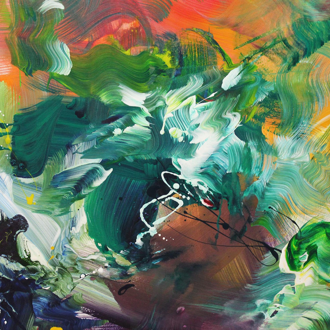 Vibrant abstract painting with a kaleidoscope of swirling colours including lime green, crimson, deep teal, orange, and violet. Energetic brushstrokes and layered textures create a sense of organic motion and dynamic flow across the canvas.