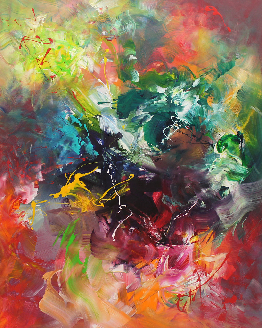 Vibrant abstract painting with a kaleidoscope of swirling colours including lime green, crimson, deep teal, orange, and violet. Energetic brushstrokes and layered textures create a sense of organic motion and dynamic flow across the canvas.