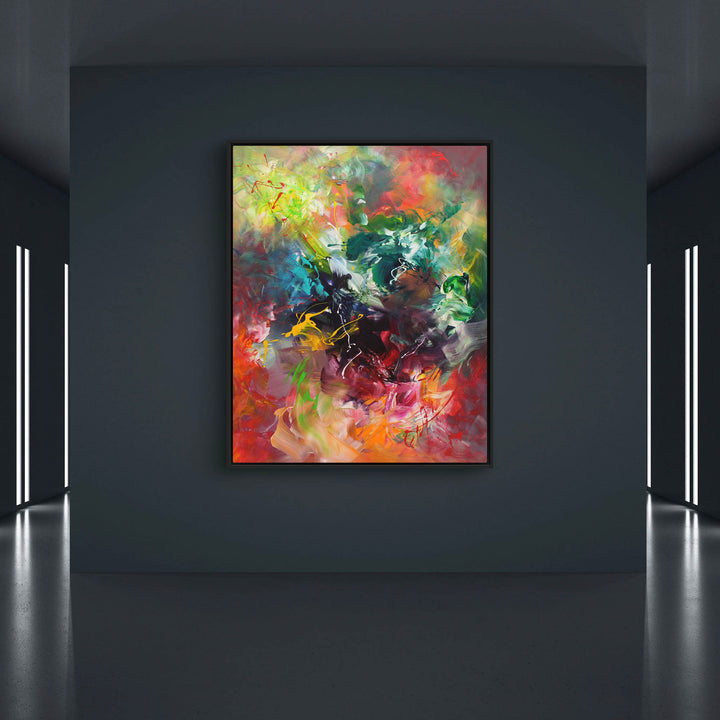 Vibrant abstract painting with a kaleidoscope of swirling colours including lime green, crimson, deep teal, orange, and violet. Energetic brushstrokes and layered textures create a sense of organic motion and dynamic flow across the canvas.