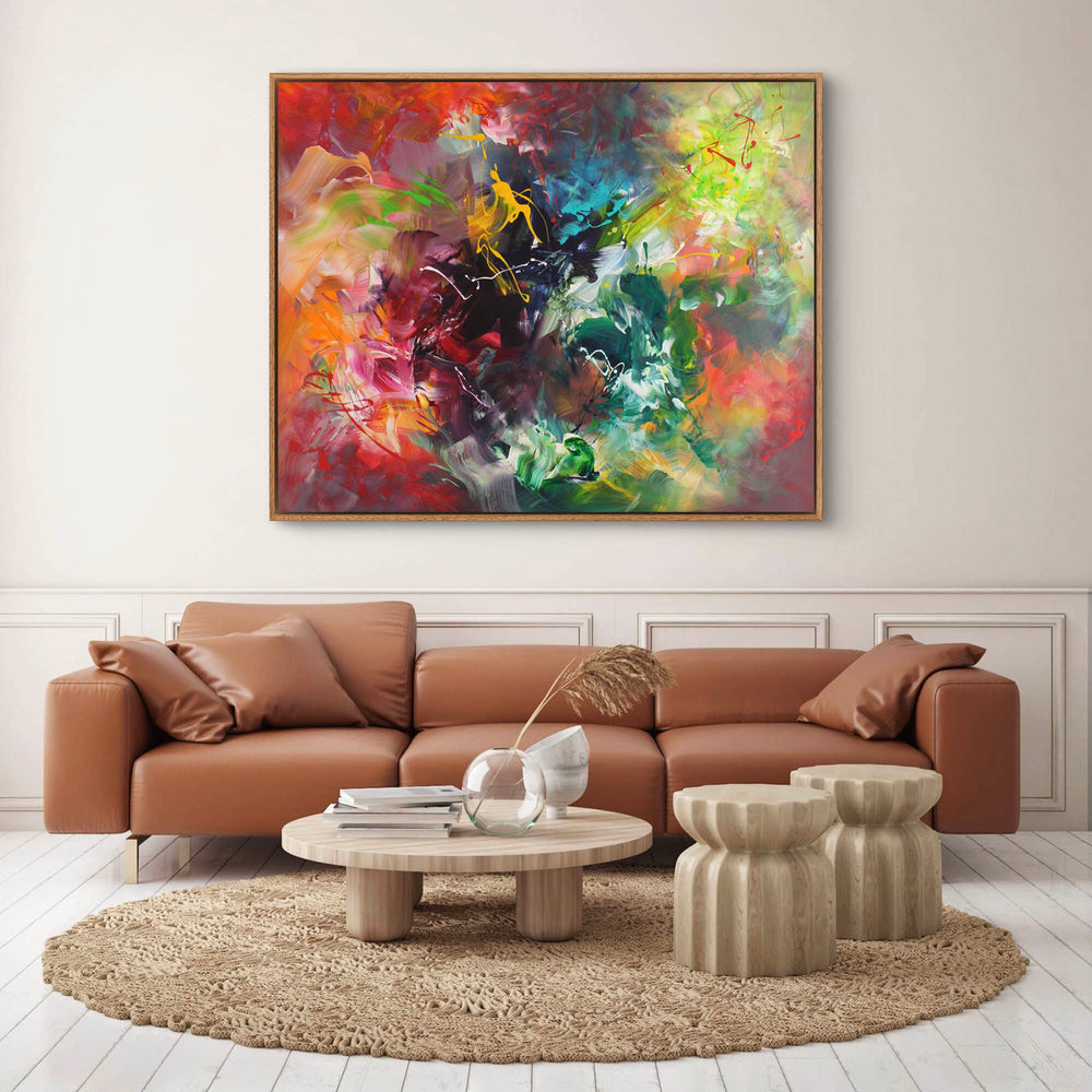 Vibrant abstract painting with a kaleidoscope of swirling colours including lime green, crimson, deep teal, orange, and violet. Energetic brushstrokes and layered textures create a sense of organic motion and dynamic flow across the canvas.