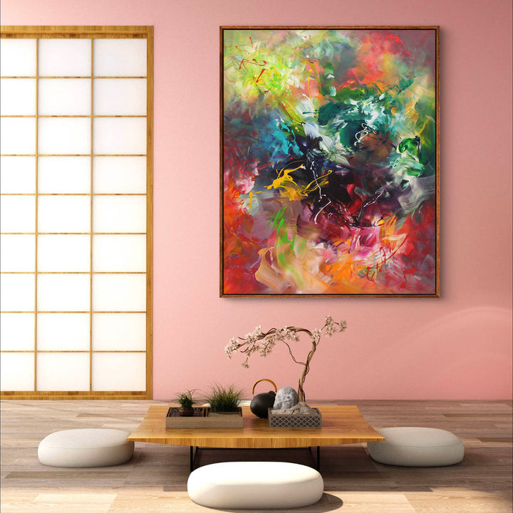 Vibrant abstract painting with a kaleidoscope of swirling colours including lime green, crimson, deep teal, orange, and violet. Energetic brushstrokes and layered textures create a sense of organic motion and dynamic flow across the canvas.