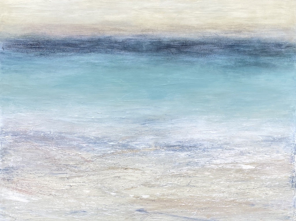 'Porthmeor Winter Swim' by Heather McAlpine, original large-scale abstract seascape painting in acrylic on canvas inspired by Porthmeor Beach, Cornwall, featuring soft turquoise, blue, grey and white tones that capture the shifting winter light, sea, sand and sky of the Cornish coastline.