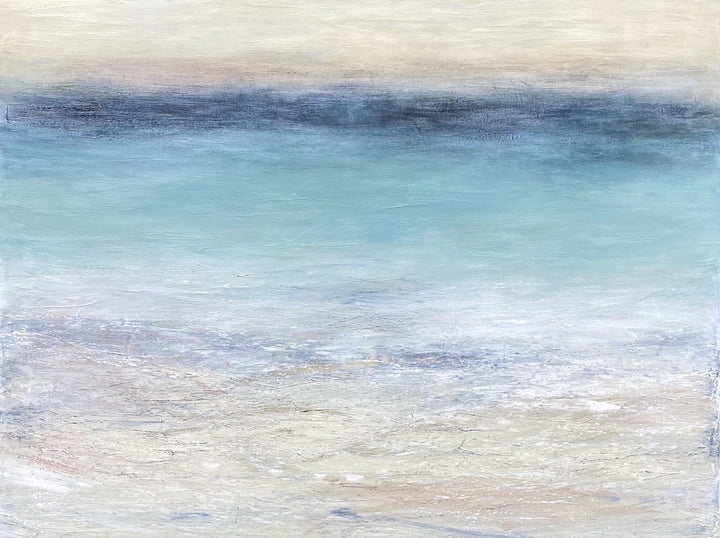 'Porthmeor Winter Swim' by Heather McAlpine, original large-scale abstract seascape painting in acrylic on canvas inspired by Porthmeor Beach, Cornwall, featuring soft turquoise, blue, grey and white tones that capture the shifting winter light, sea, sand and sky of the Cornish coastline.
