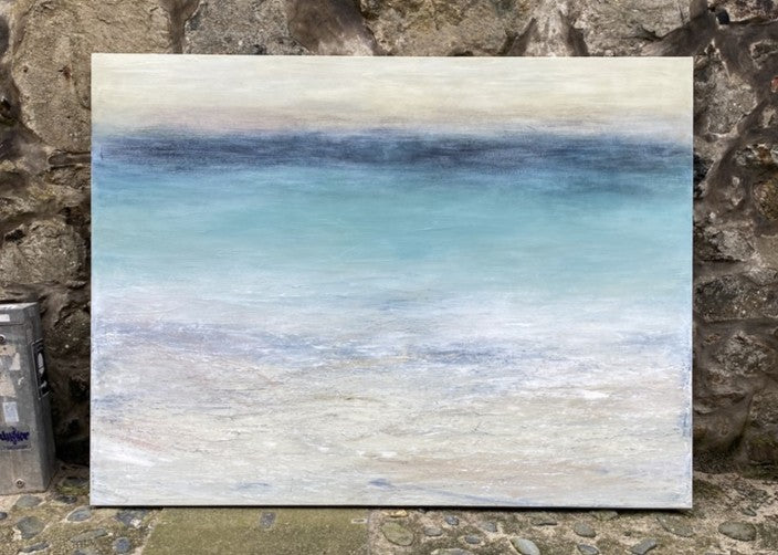 'Porthmeor Winter Swim' by Heather McAlpine, original large-scale abstract seascape painting in acrylic on canvas inspired by Porthmeor Beach, Cornwall, featuring soft turquoise, blue, grey and white tones that capture the shifting winter light, sea, sand and sky of the Cornish coastline.
