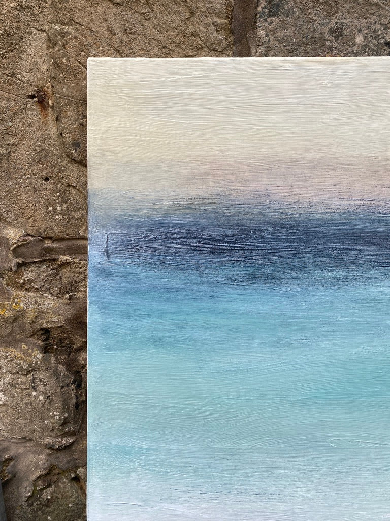 'Porthmeor Winter Swim' by Heather McAlpine, original large-scale abstract seascape painting in acrylic on canvas inspired by Porthmeor Beach, Cornwall, featuring soft turquoise, blue, grey and white tones that capture the shifting winter light, sea, sand and sky of the Cornish coastline.